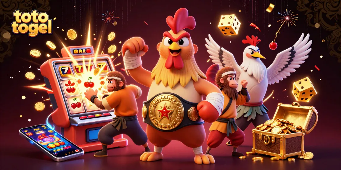 Engage with thrilling toto togel gameplay featuring a champion rooster, martial arts monkey, and wise crane