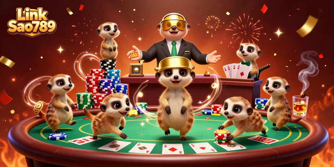 Experience thrilling gameplay at Link Sao789 with lively meerkats operating a vibrant casino scene.