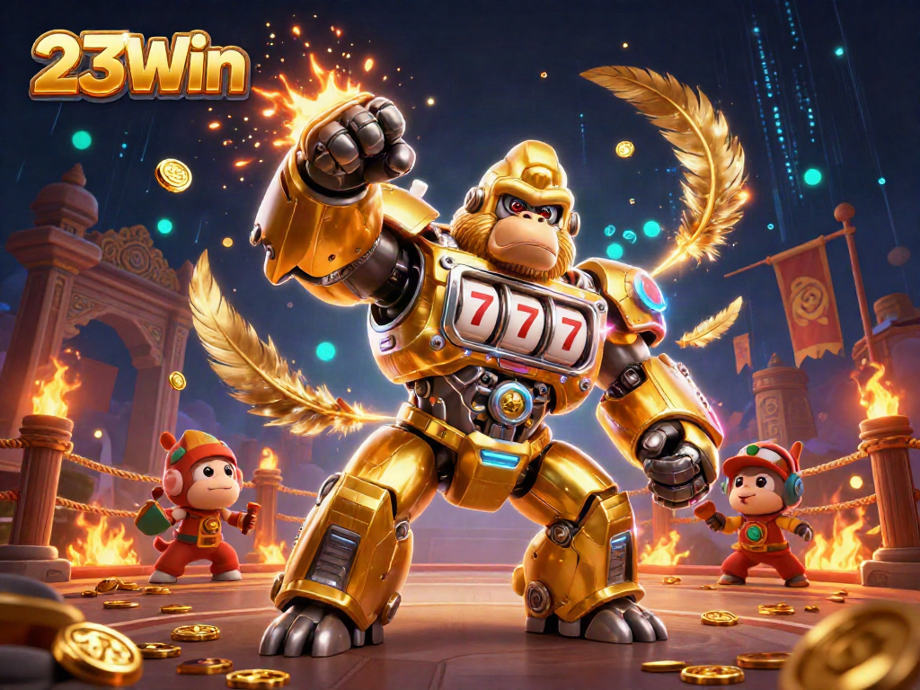 Experience thrilling gameplay at 23Win with a dynamic golden gorilla mech in action.