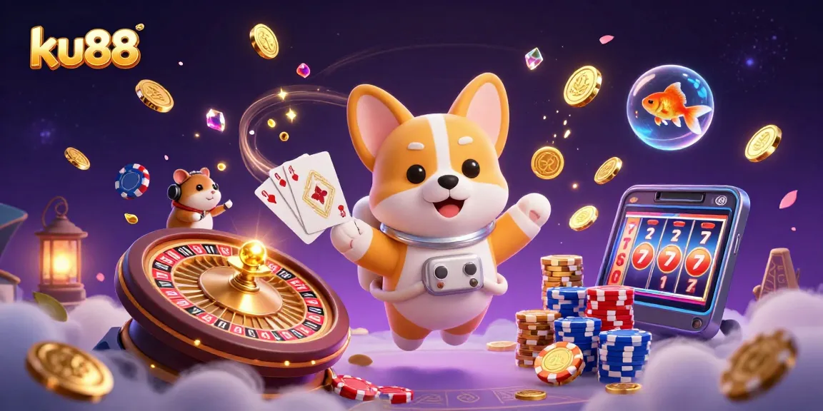 Engage with ku88's vibrant casino adventure featuring a playful astronaut corgi and dynamic game elements.