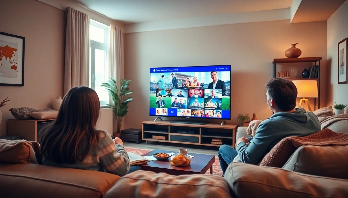 Enjoy IPTV Free Trial No card in a cozy living room with a family watching a large TV.