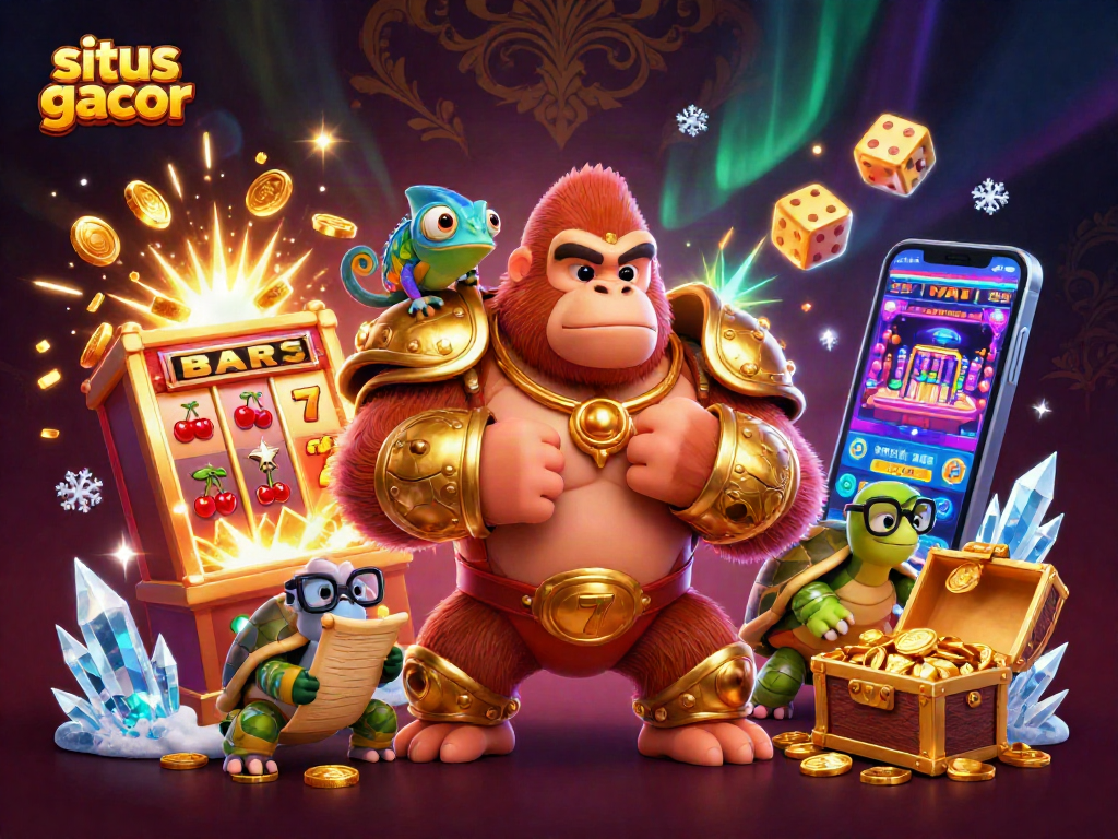 Spin the reels with situs gacor as the cartoon gorilla king and friends celebrate a casino jackpot!