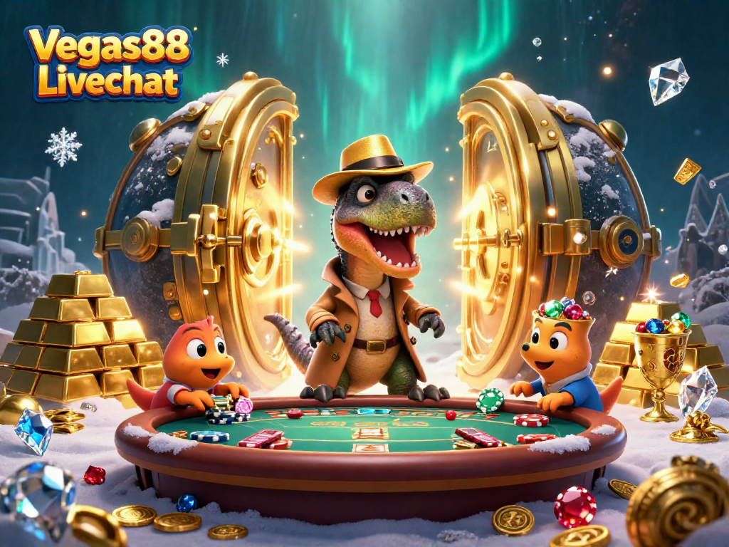 Experience thrilling wins with Vegas88 Livechat featuring a cartoon velociraptor in a casino scene.
