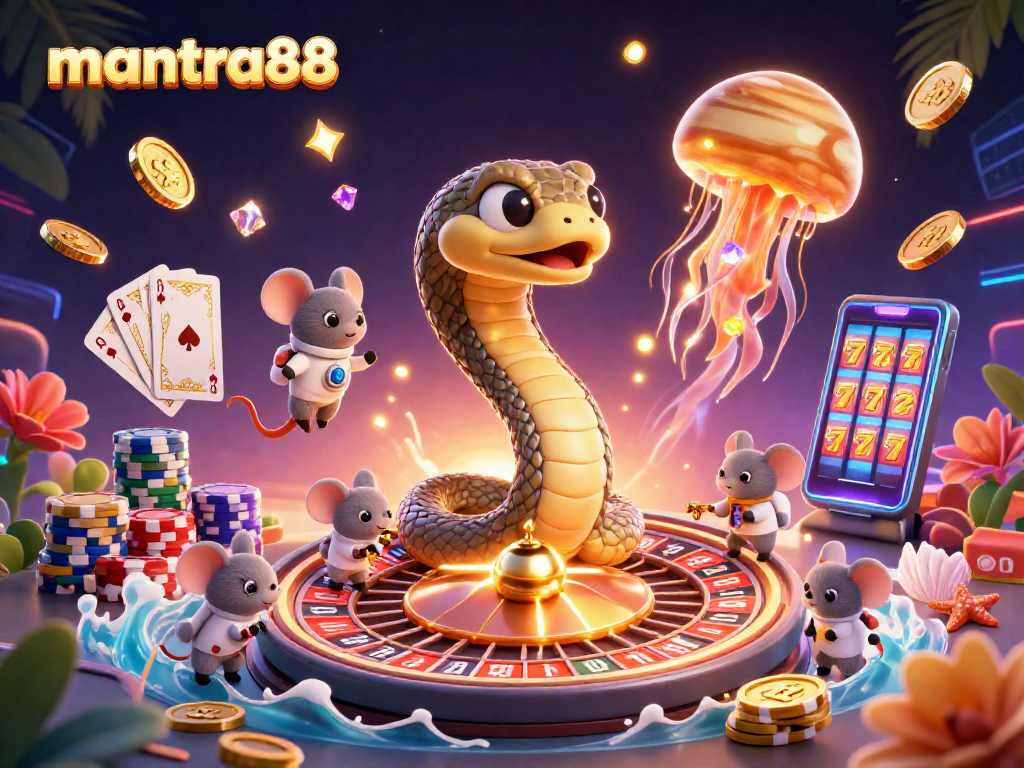 Experience the thrill of mantra88 with astronaut mice betting on a cosmic roulette wheel in this vibrant casino scene.