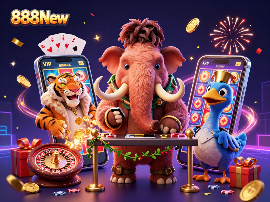 Experience the excitement of 888New with vibrant casino characters and games in a colorful 3D illustration.