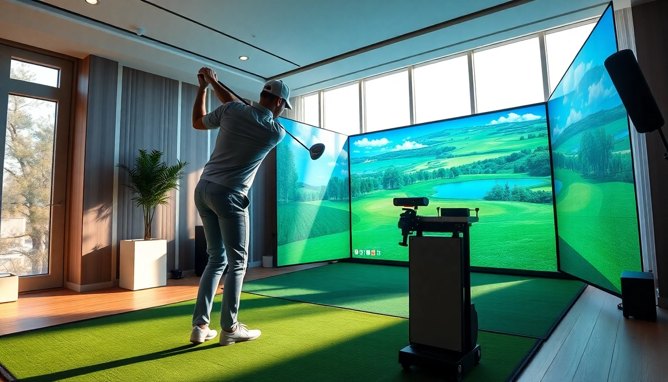 Player engaging with a golf simulator setup in a bright and stylish indoor space.