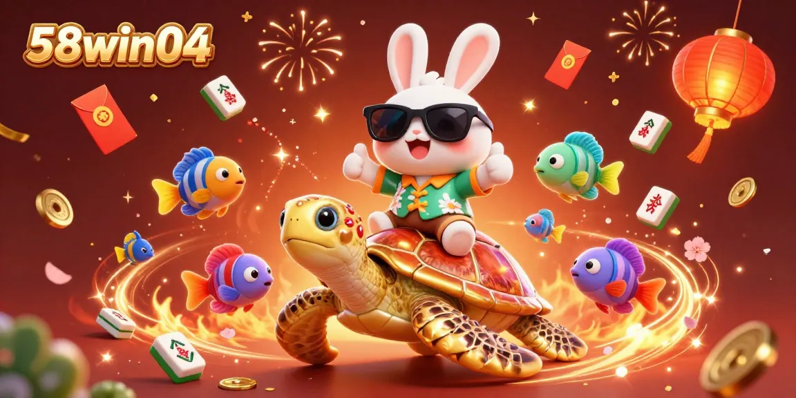 Experience excitement at 58win04 with this vibrant casino adventure illustration featuring a playful rabbit and turtle.