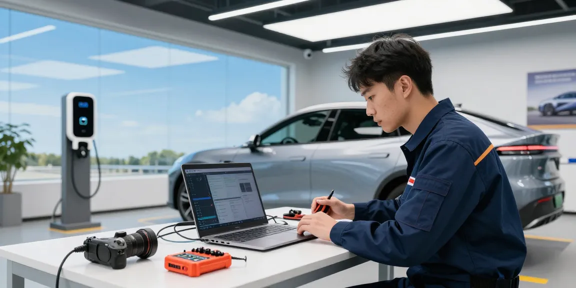 Mechanic inspecting an electric vehicle with NAGA2000 diagnostics tools in a modern automotive shop.