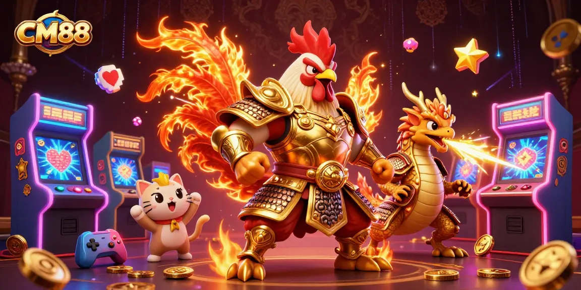 Experience the thrill of CM88 with a warrior rooster and dragon amidst glowing casino elements.