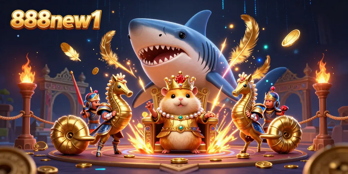Experience the excitement of 888new1's gaming universe with a golden hamster king amidst dazzling casino elements.