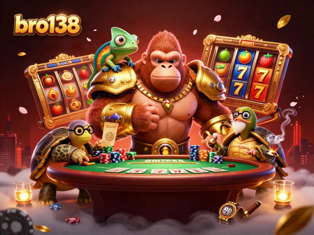 Winning at bro138 with a colorful casino scene featuring lively characters and slot elements.