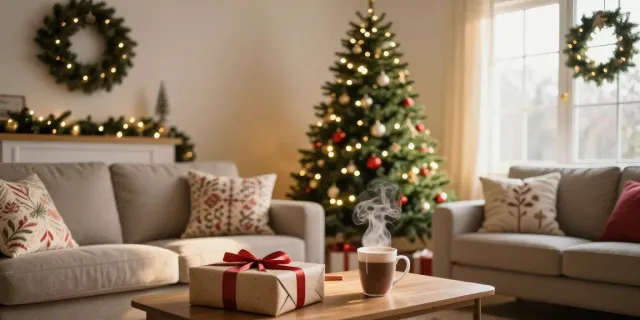 Tall skinny Christmas tree in a cozy living room, beautifully decorated for the holidays with warm lighting and festive decor.