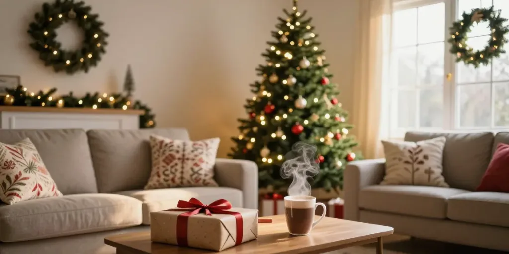 Tall skinny Christmas tree in a cozy living room, beautifully decorated for the holidays with warm lighting and festive decor.