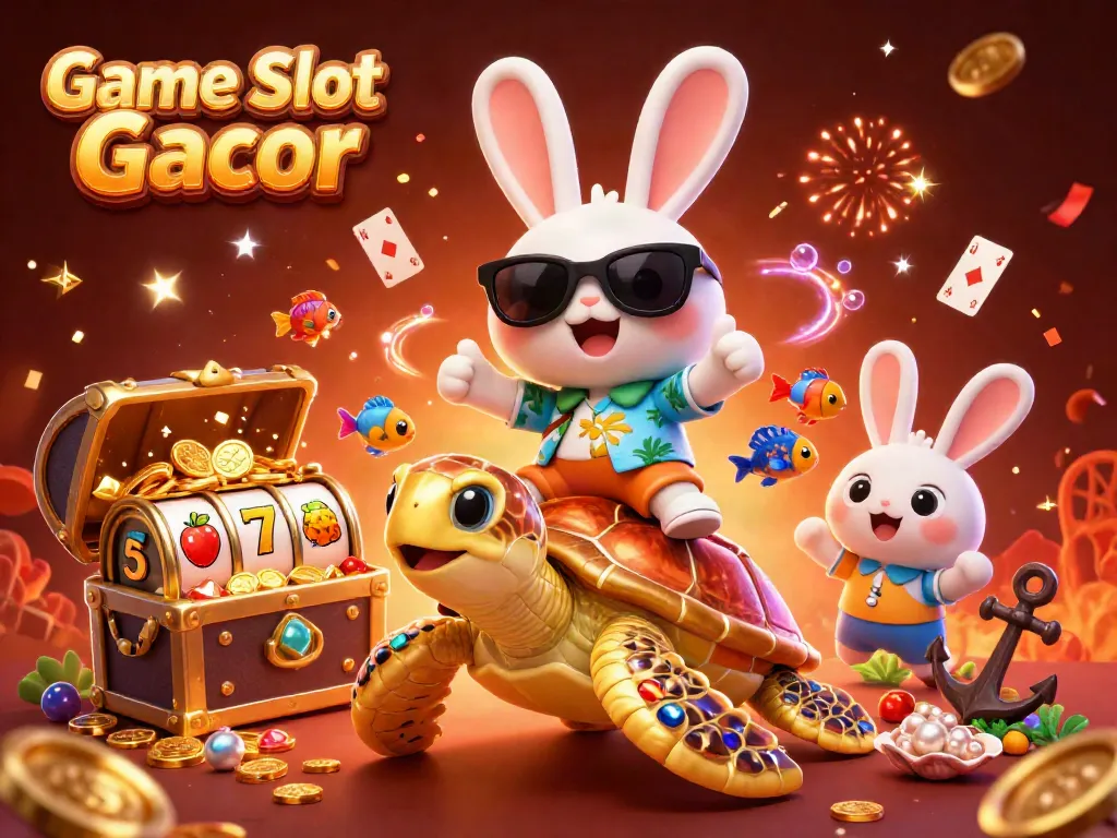 Permainan Game Slot Gacor dengan karakter kelinci beruntung dan penyu emas yang menciptakan suasana kasino yang ceria.