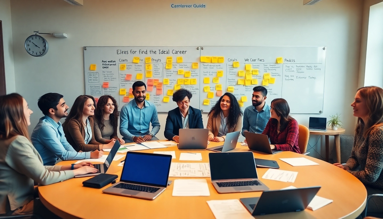 Group collaborating on strategies for achieving their Ideal Career in a bright, dynamic setting.