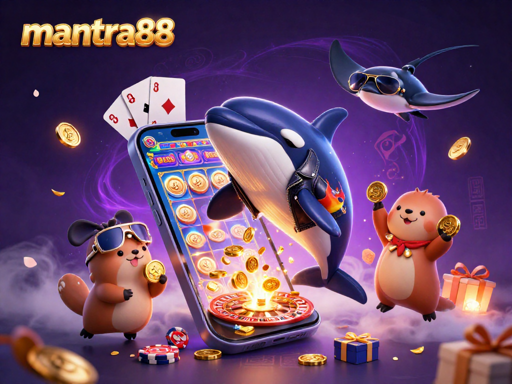 Experience the thrill of mantra88 with vibrant characters and casino elements in this energetic illustration.