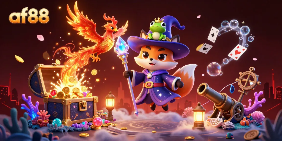 Join the thrill of gaming at af88, featuring a mystical wizard fox in a vibrant casino-themed adventure.
