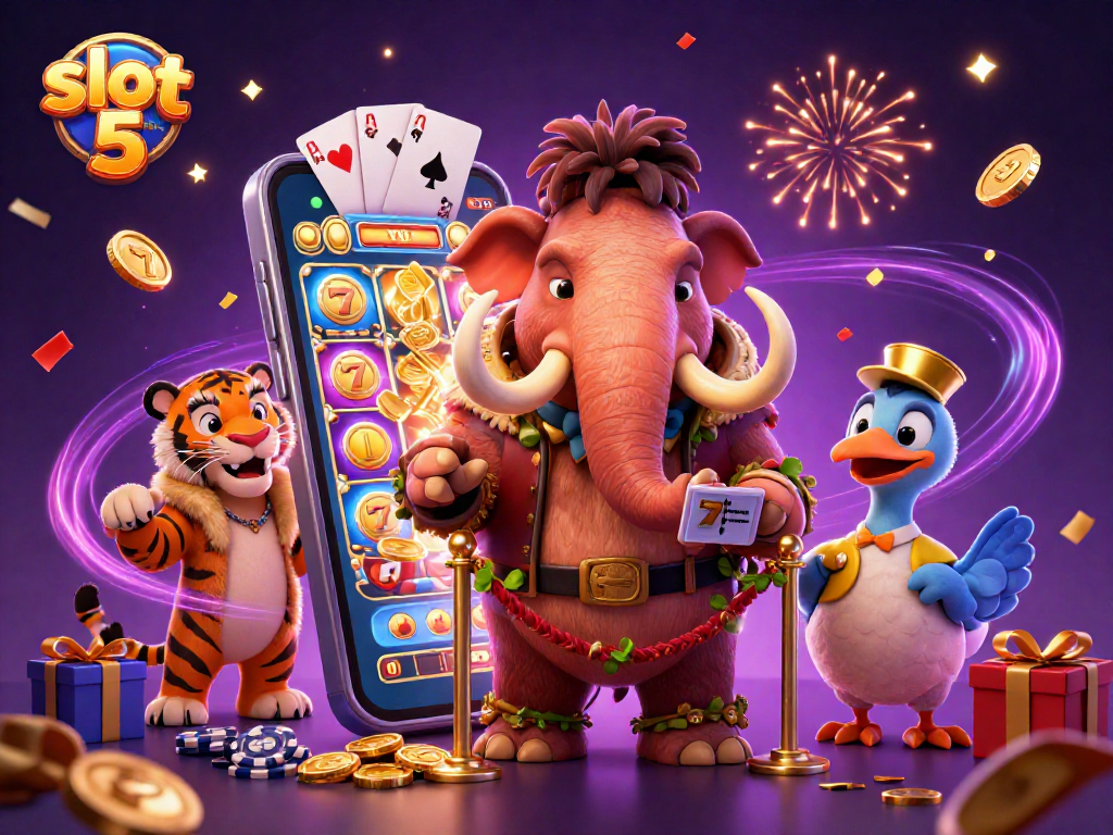 Play exciting slot 5 ribu games featuring vibrant characters and dazzling casino elements in a dynamic setting.
