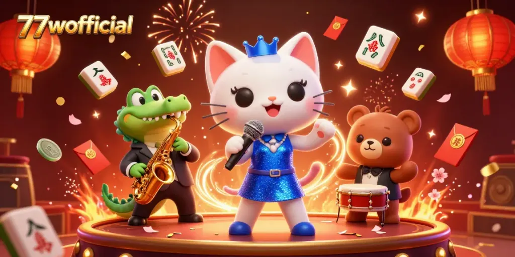 Experience thrills at 77wofficial with lively characters celebrating casino wins.