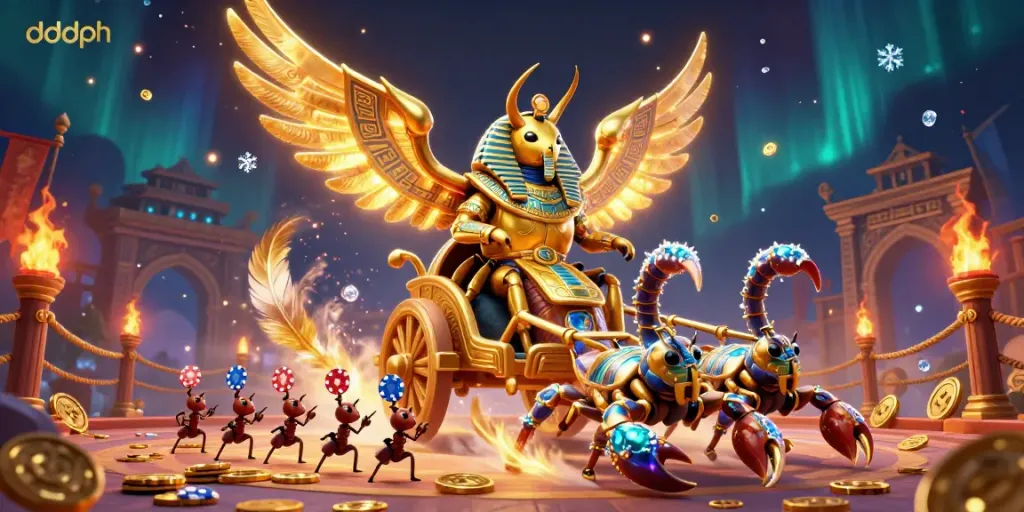 Engage in the thrilling world of dddph with an exciting casino scene featuring a golden scarab beetle and poker chip soldiers.