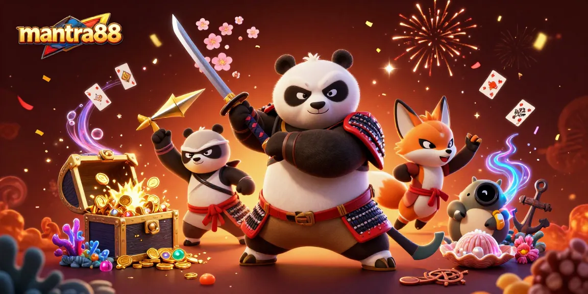 Experience the excitement at mantra88 with vibrant samurai panda and magical tanuki in a 3D casino scene.