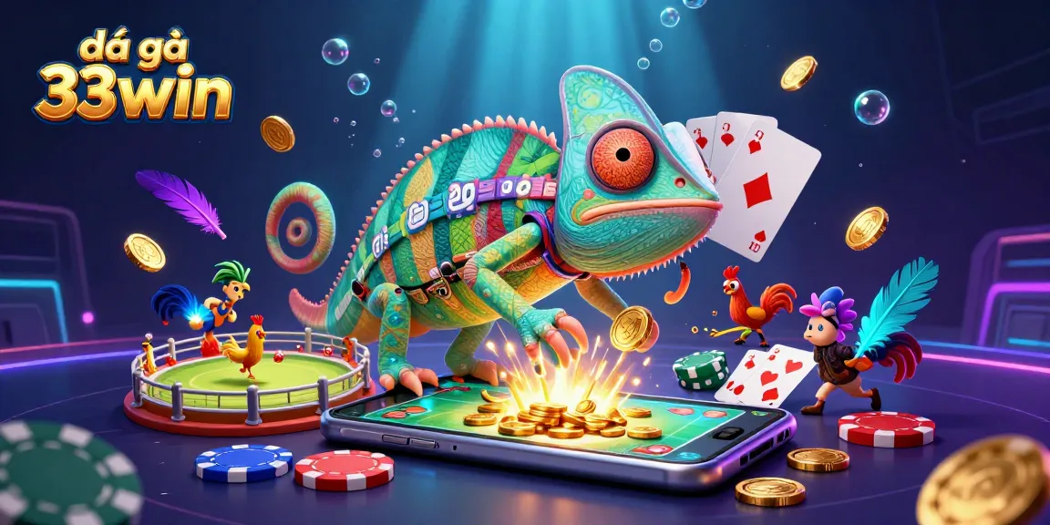 Engage with đá gà 33win's intense cockfighting action amidst a vibrant 3D casino scene.
