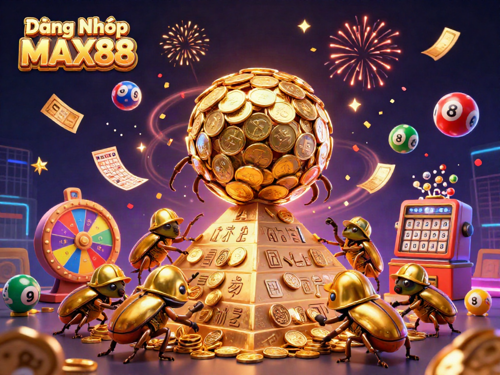Engage in the dynamic gaming world of Đăng Nhập MAX88 with vibrant colorful lottery balls and golden casino elements.