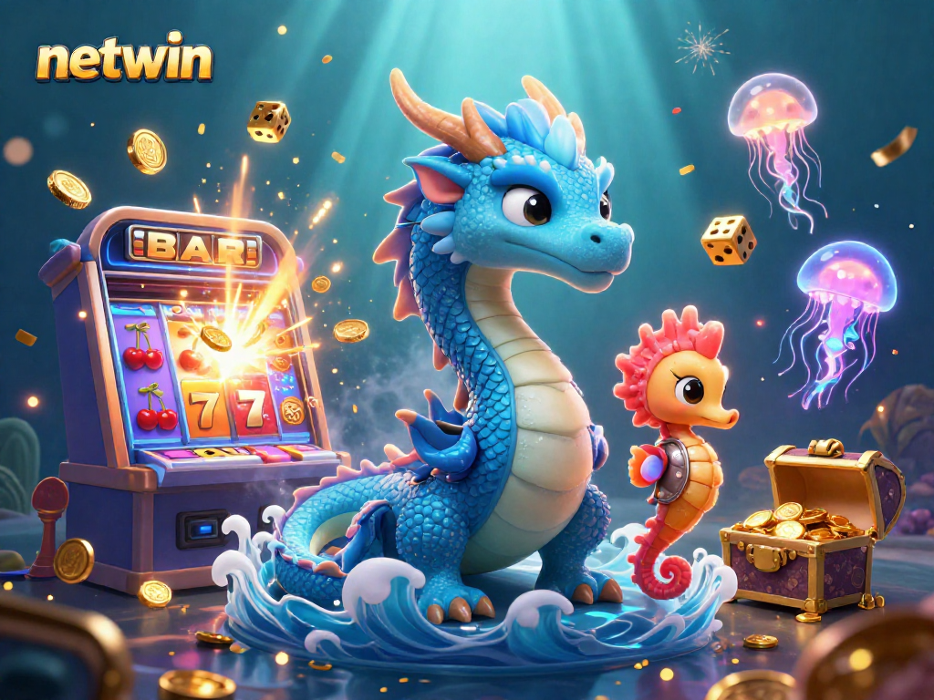 Engage with netwin's vibrant casino world, featuring an azure dragon, seahorse knight, and dynamic game elements.