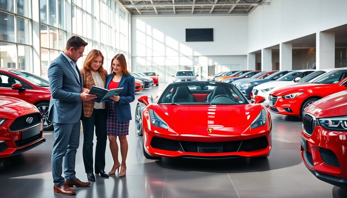 Buy New Car in a vibrant showroom with modern displays and a couple reviewing a brochure.