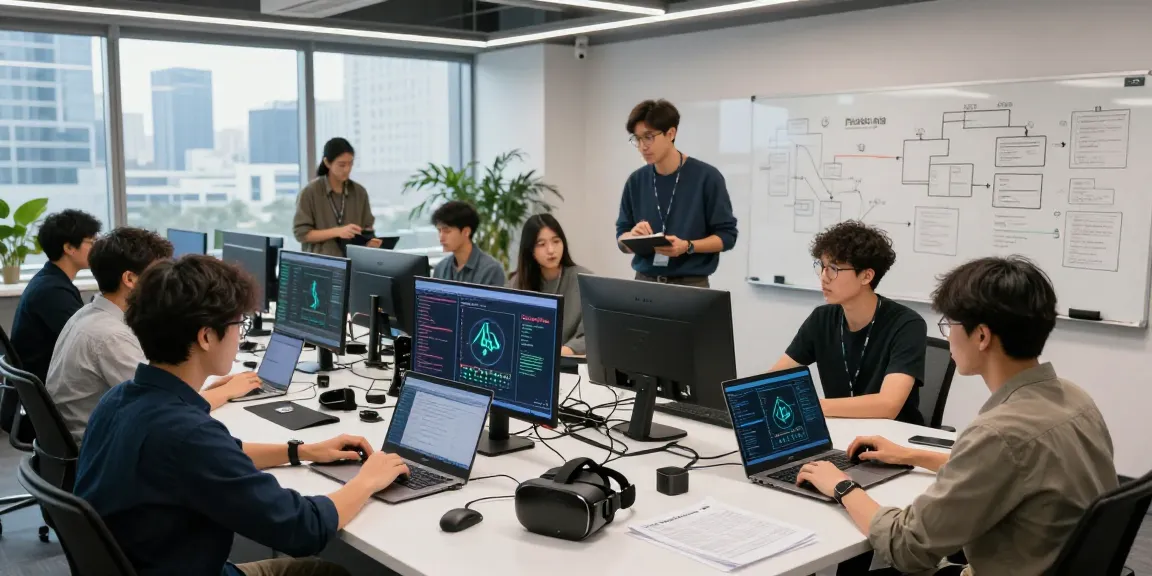 Developers at work using PulseChain Bridge technology in a modern office.