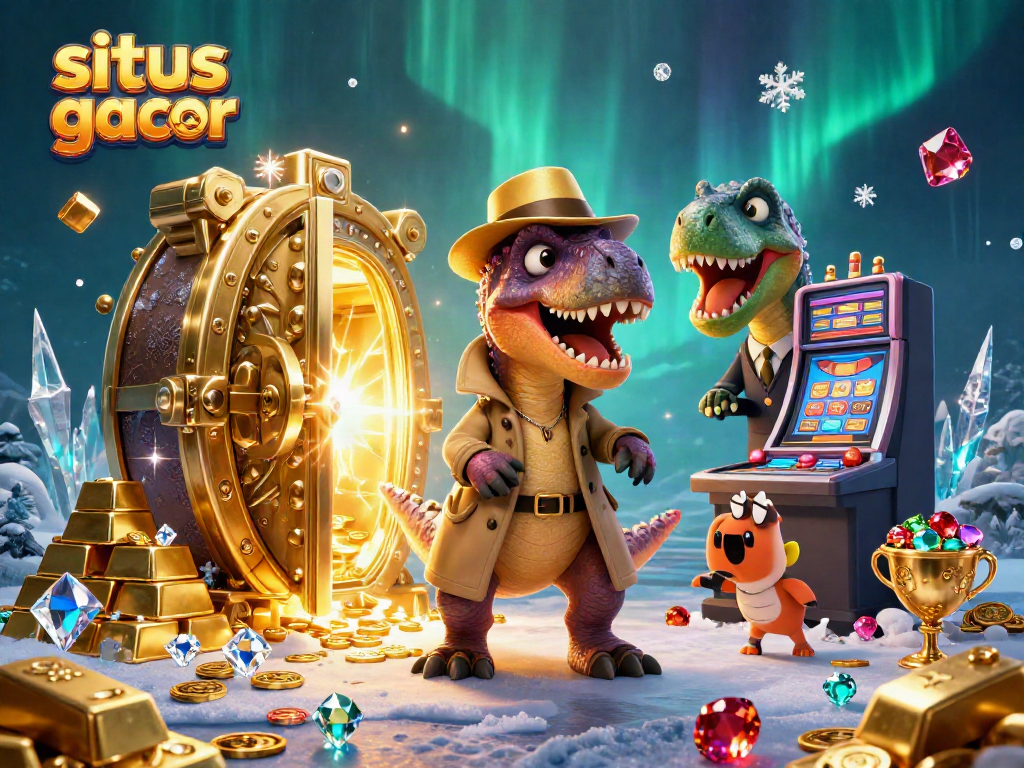 Ilustrasi unik situs slot gacor dengan velociraptor dan stegosaurus sebagai karakter utama.