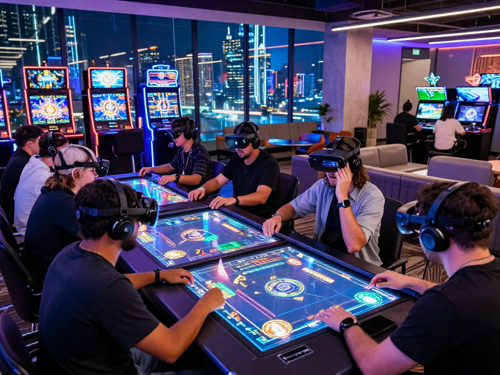 Exciting crypto casino gaming scene with diverse players immersed in futuristic digital gameplay.