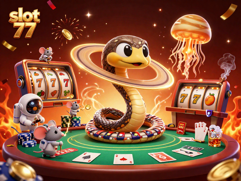 Experience exciting gameplay with slot 77, featuring a vibrant cosmic casino scene full of action.